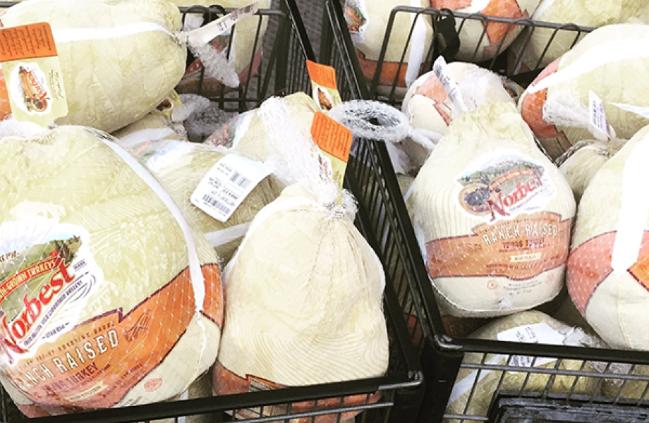 piles of turkeys in shopping carts
