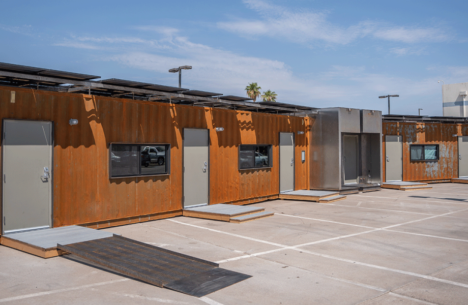 X-WING shipping container temporary housing installed at Washington Street shelter