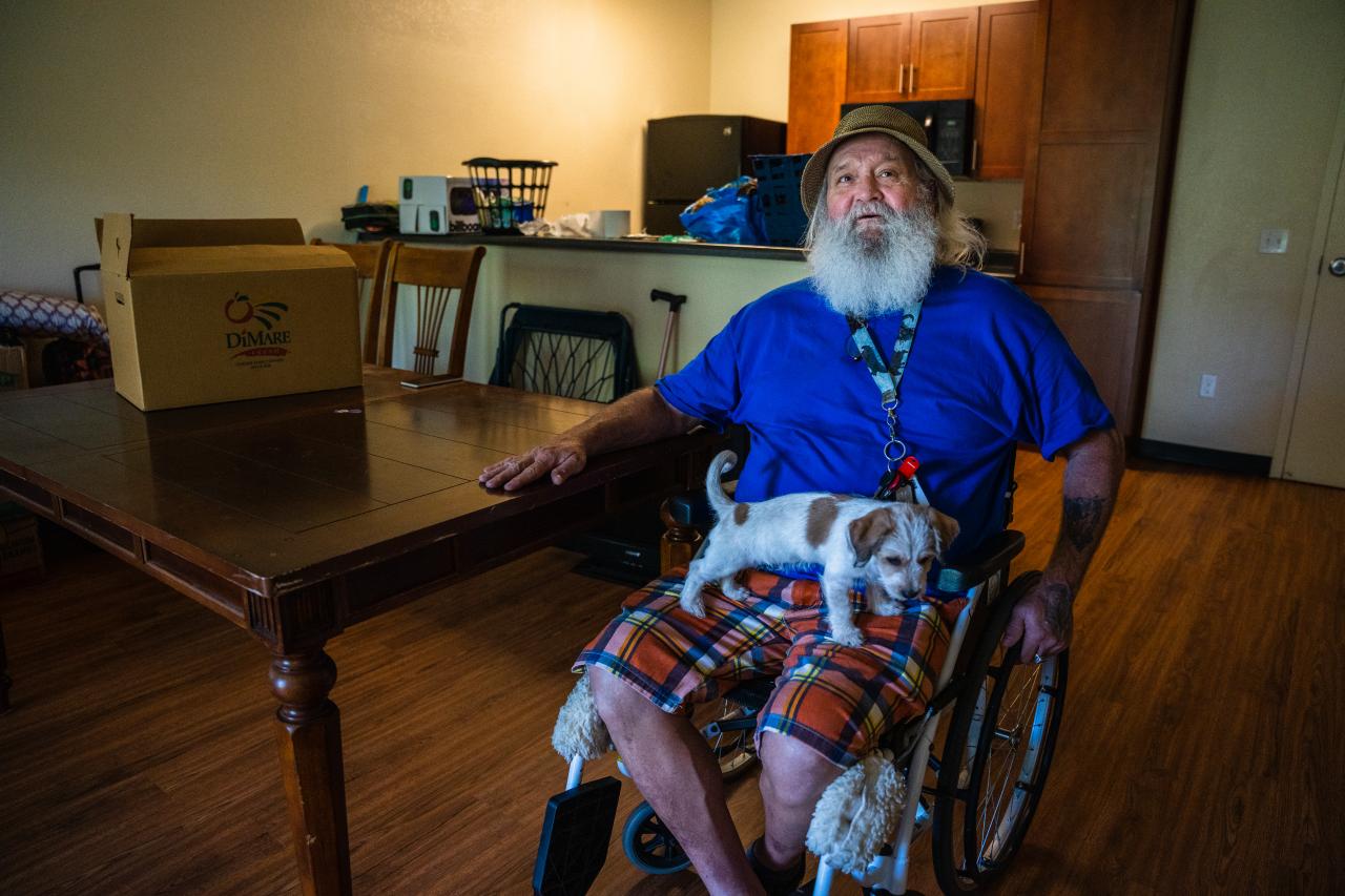 James Davis in his new apartment.