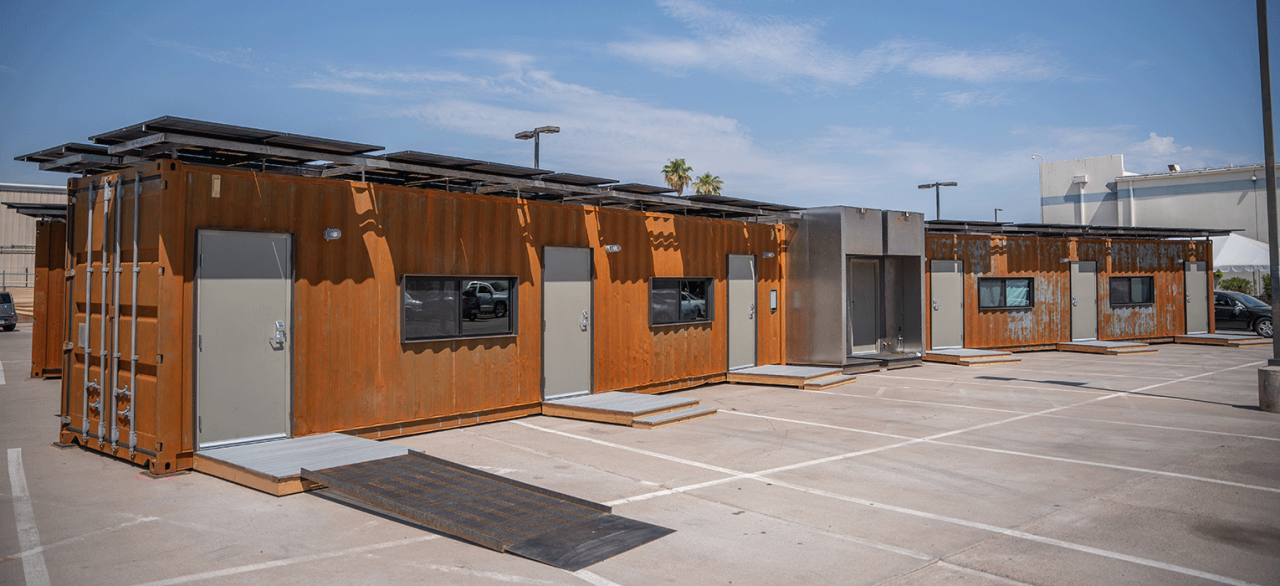 X-WING shipping container temporary housing installed at Washington Street shelter