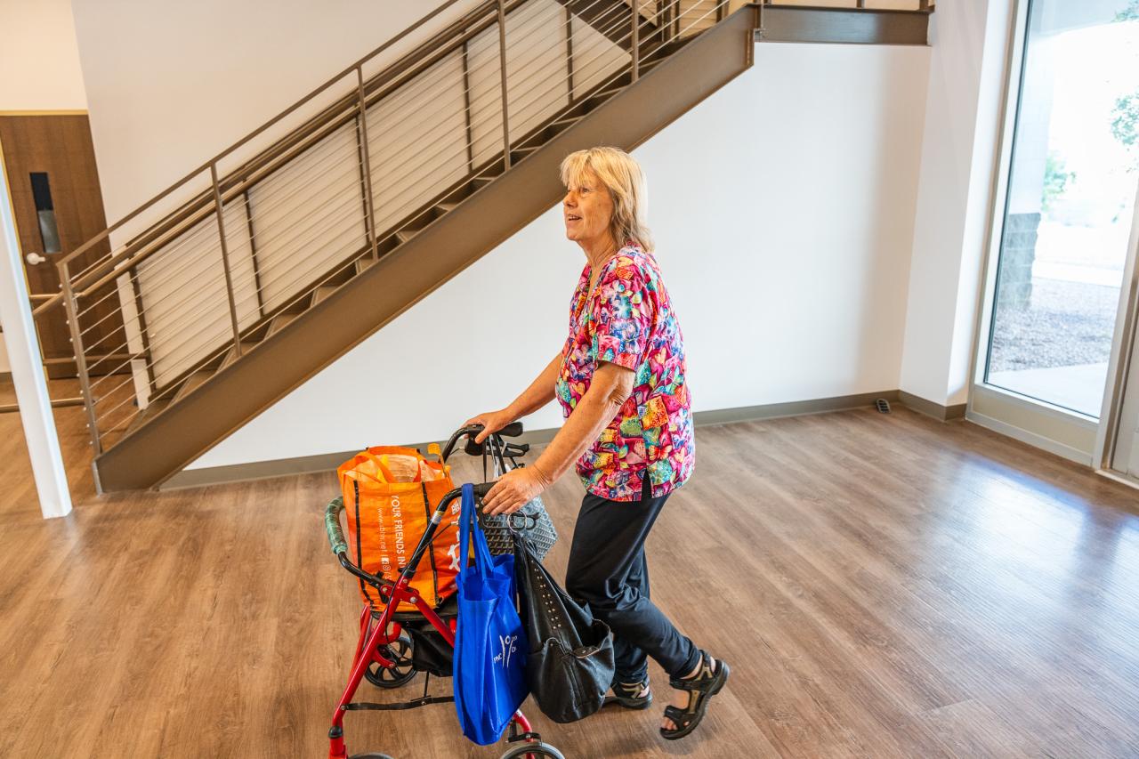 Cathy walks into De Paul Manor for her move-in.