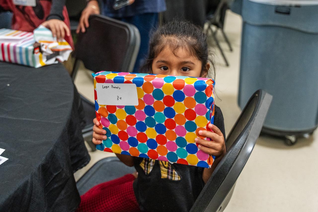 A girl hides behind her Lego set.