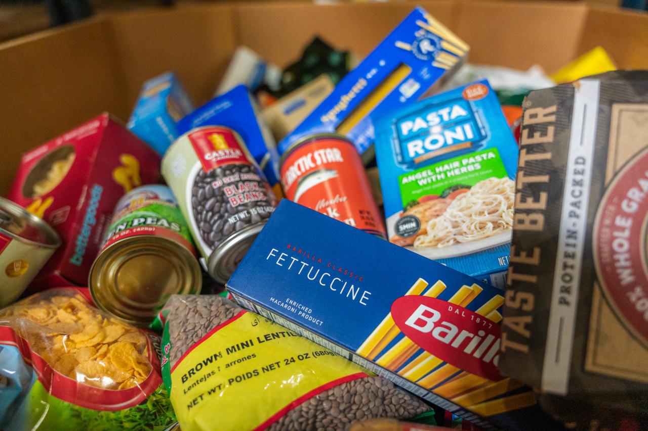 A box of donated canned food.